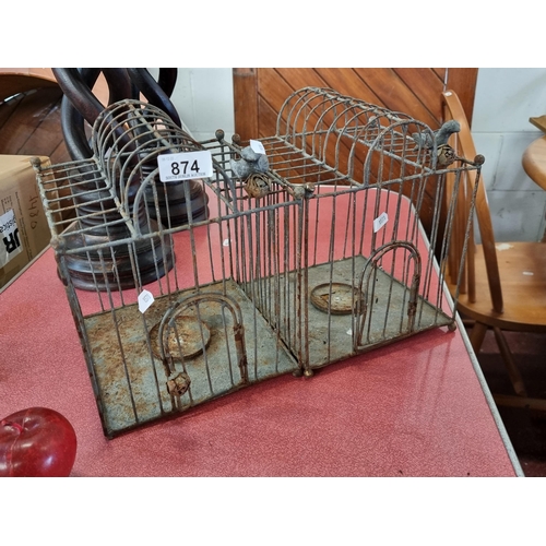 874 - A gorgeous pair of wire metal antique birdcages with charming songbird to top and rosebud to door.