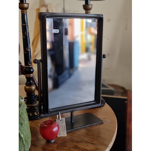 881 - A nice industrial style matte adjustable black mirror with stand.