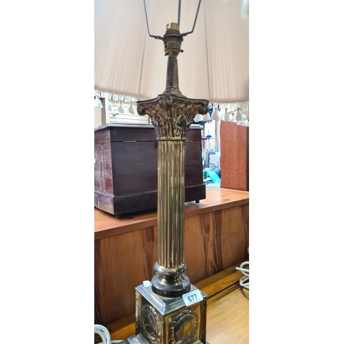 677 - Star lot : A pair of vintage heavy tall table brass lamps with Corinthian columnar brass stem and pl... 