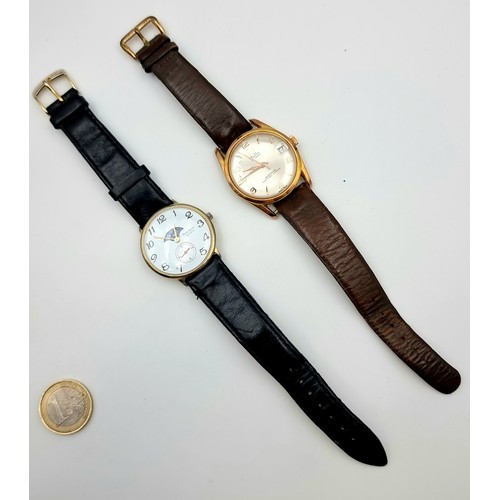 446 - Two vintage gentleman's leather strap wrist watches, the first with a lunar faze setting. Together w... 