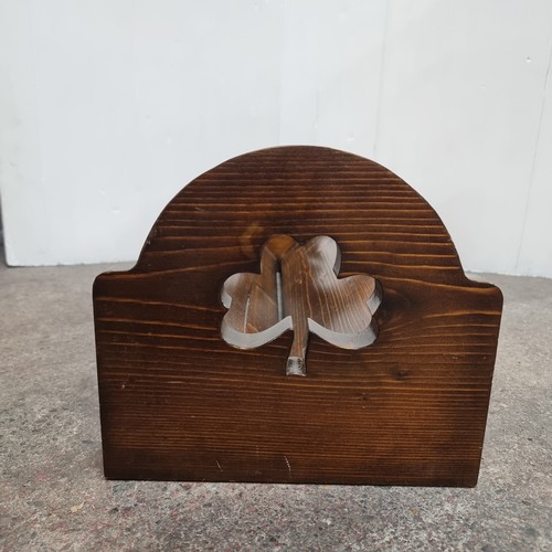 705 - A lovely 1930s Irish wooden desktop book trough with a pierced shamrock motif to side.