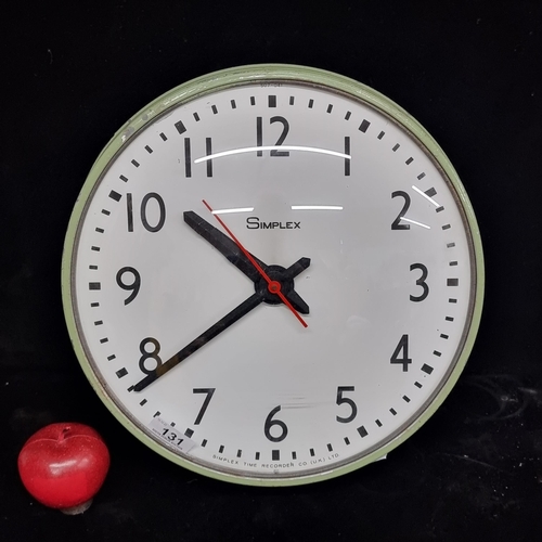 131 - A large retro Simplex Time Recorder wall clock. A large example in amint green, cast metal frame. Wi... 