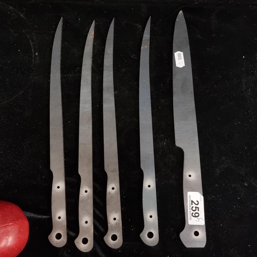 259 - A collection of five steel knife blades, of two varying sizes. With rivet holes for handle. Sourced ... 