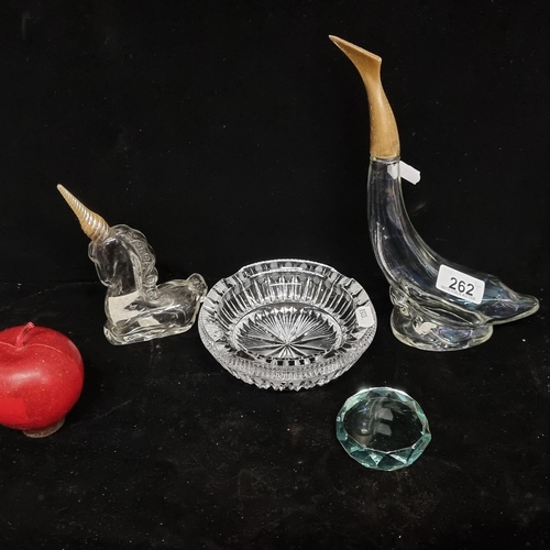 262 - A collection of vintage glass items, including a stunning, very heavy crystal ashtray and a faceted ... 