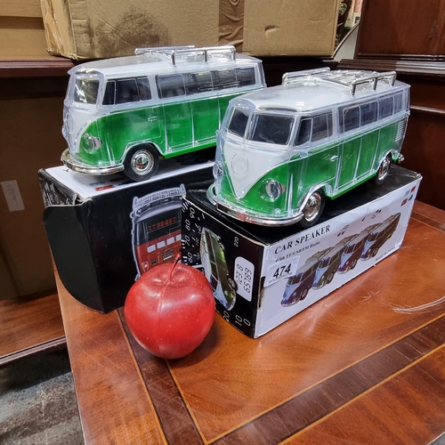 474 - Two brand new model Volkswagen campervan light up radios/speakers. Model YPS-288, in shades of green... 