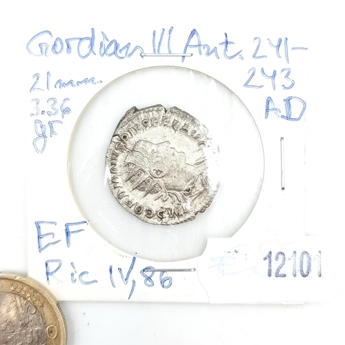 59 - A rare ancient Gordian III A.N.T Silver coin, of 271-273 A.D. Details set to coin mount.