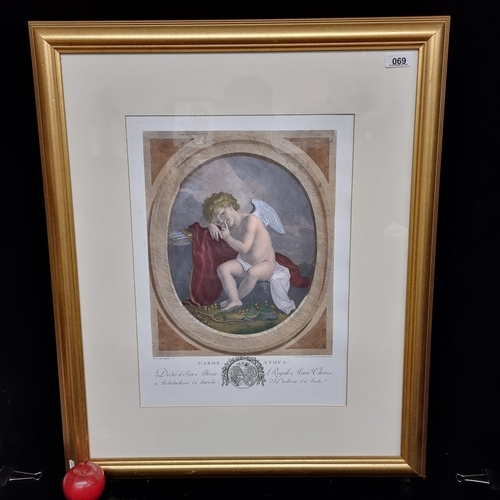 69 - An original large antique hand coloured etching featuring an angelic child, based on a painting by A... 