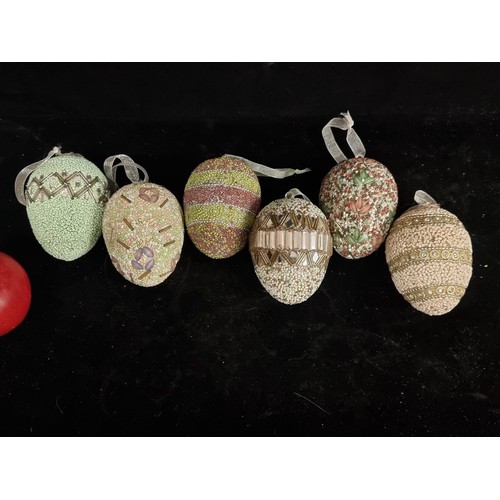 271 - A selection of six, high quality hanging egg decorations. Beautifully embellished with beads, sequin... 