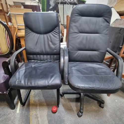 895 - Two black leather upholstered chairs. Including a stylish example with cantilever frame. Accompanied... 