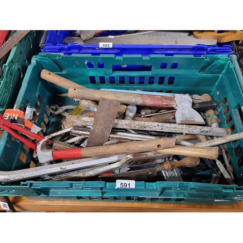 591 - A large selection of various good quality tools, including wrenches, hammers, chisels and a crowbar.