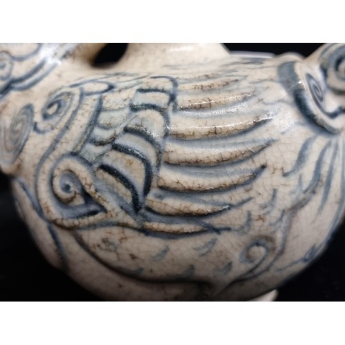 253 - A lovely, rare 19th century, antique Kendi pouring vessel in the form of a Hamsa bird. Painted in sh... 