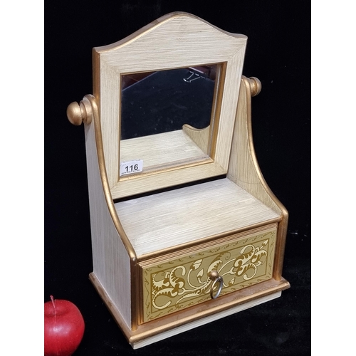 116 - A nice table top vanity mirror with drawer to base and hand painted gilt ornament throughout.