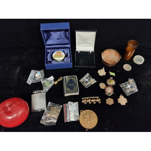 150 - A mixed lot including a very nice English Enamels pill box with clock face inside, in original gift ... 