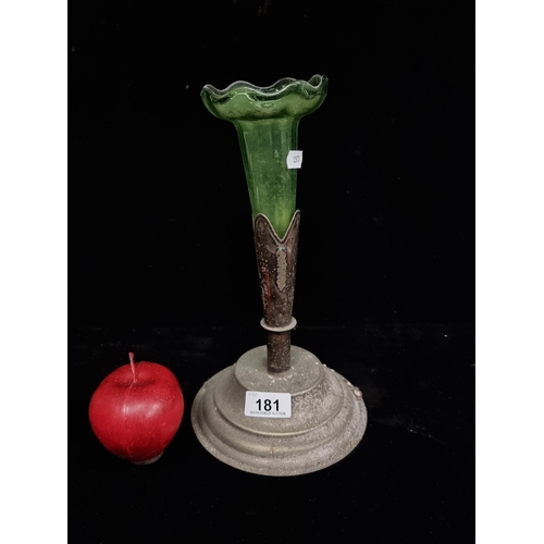 181 - A beautiful antique Epergne with silver plated base with incised floral ornament, and a fluted green... 