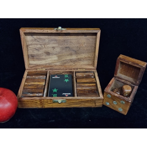 189 - Two nice wooden game sets including a lidded box filled with dominoes and a pack of cards, along wit... 