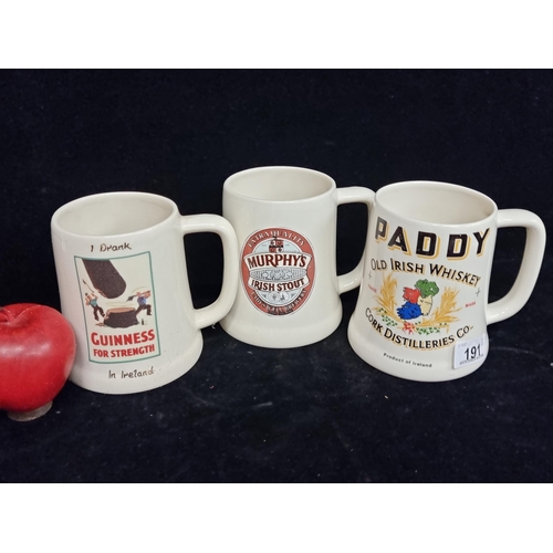 191 - Three ceramic branded tankards including examples for Guinness, Paddy Whiskey, and Murphy's Stout.