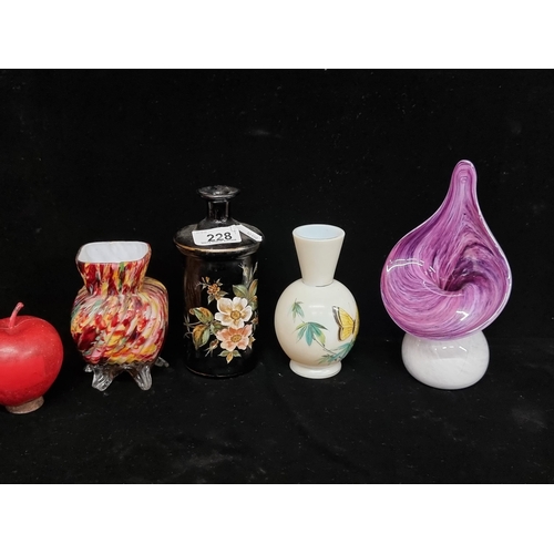 228 - Four art glass items including a multi-coloured footed example and a second handblown, art glass exa... 