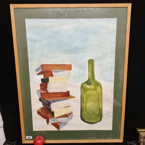 67 - A large original acrylic on paper still life painting featuring a green bottle and a stack of books.