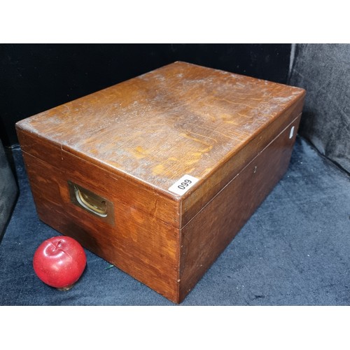 99 - A very handsome, Victorian campaign wooden box with recessed brass handles. The hinged lid opens to ... 