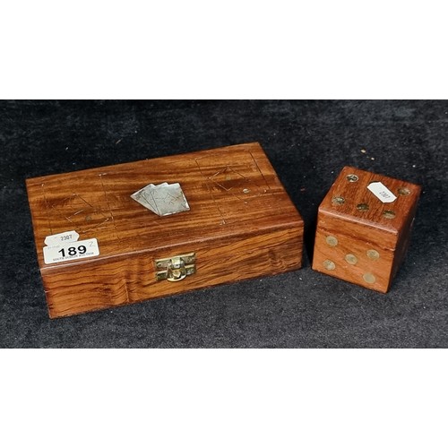 189 - Two nice wooden game sets including a lidded box filled with dominoes and a pack of cards, along wit... 