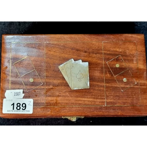 189 - Two nice wooden game sets including a lidded box filled with dominoes and a pack of cards, along wit... 