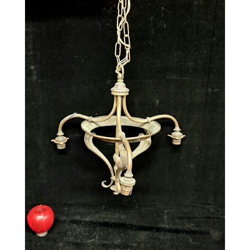 108 - A handsome Art Nouveau brass drop finial chandelier with three branches and foliate detail and hangi... 