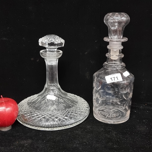 171 - A pair of fabulous glass decanters including a Galway Crystal ship's decanter and another with an ov... 