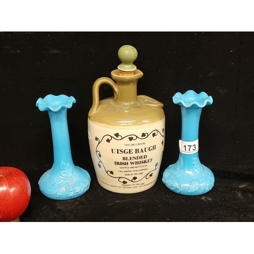 173 - A pair of vintage torquoise flared vases and a Uisge Baugh stone ware whiskey decanter in very good ... 