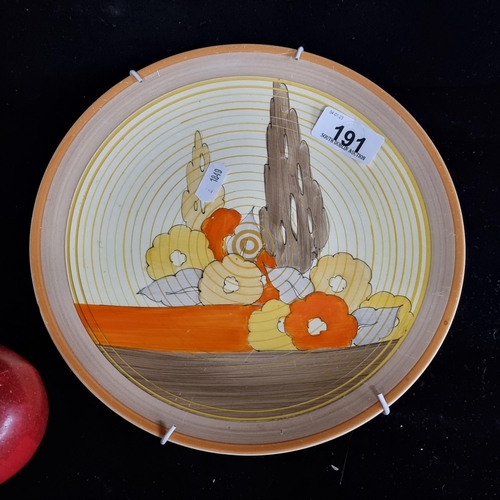 191 - An original Art Deco plate in Capri pattern by Clarice Cliff. A gorgeous hand painted piece depictin... 