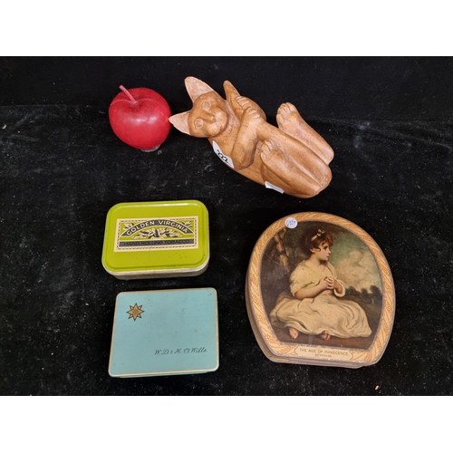 222 - A collection of four items, including a stunning duck egg blue tobacco tin with original paper inser... 