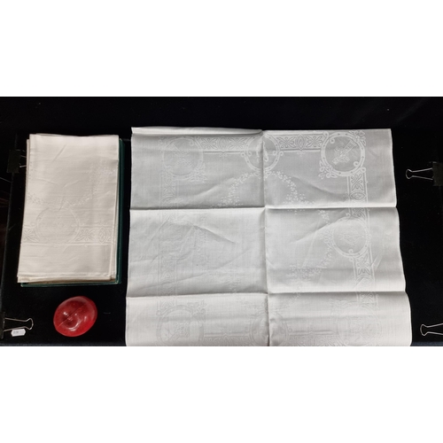 241 - A lovely set of six Irish made damask linen napkins, featuring classic Celtic banding and knots thro... 