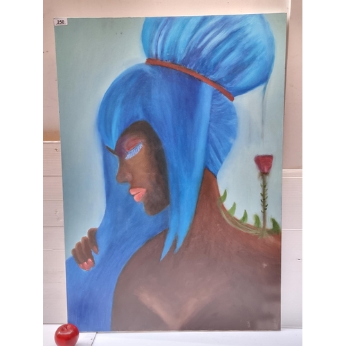 250 - A striking original acrylic on canvas painting featuring a femme fatale figure with electric blue ha... 