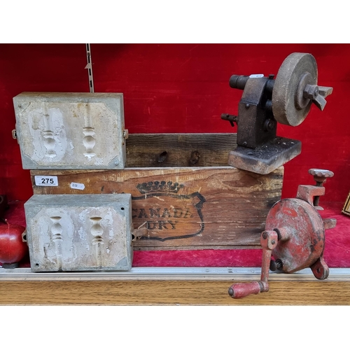 275 - A Canadian club crate containing three antique work tools, including a double plaster block mould wi... 