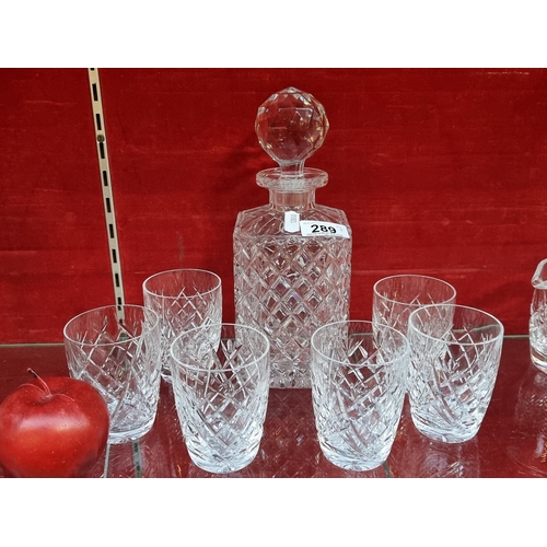 289 - A set of six Waterford Crystal glasses in the Donegal pattern with acid marks to base, along with a ... 