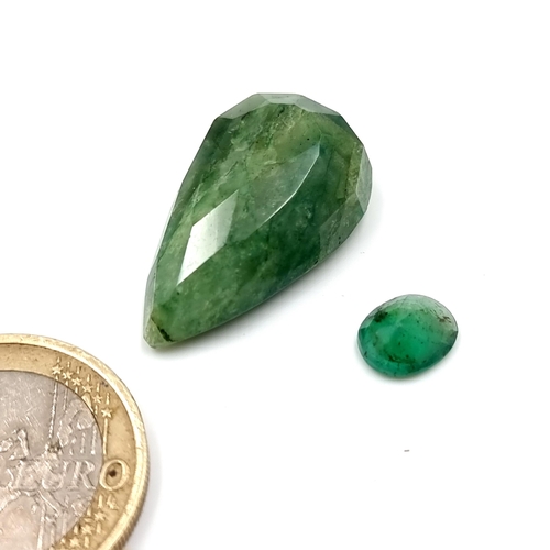 374 - Two gemstones including a fabulous pear-cut cut, natural Columbian Emerald gemstone. Weight of 23.55... 