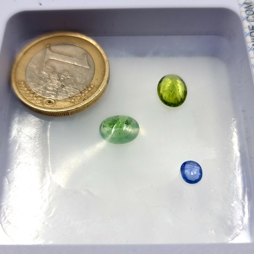 380 - Three gemstones including a natural cabochon tsavorite gemstone of 1.97cts. With A oval mixed cut, n... 