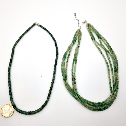 396 - A beautiful natural Emerald single strand Necklace  With Sterling Silver claps (RRP €190) and a five... 