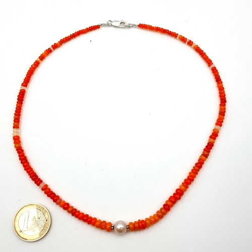 398 - A spectacular 49 carat carnelian gemstone necklace with a beautiful natural lustre pearl with Sterli... 