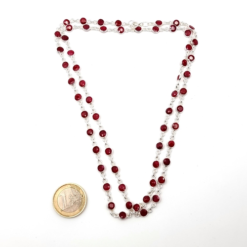 399 - A stunning 60 natural ruby gemstone, long chain necklace. Designed in 925 sterling silver. 21g Fabul... 