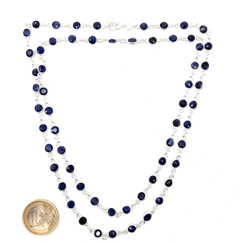 400 - A stunning 60 natural Sapphire gemstone, long chain necklace. Designed in 925 sterling silver. 22g F... 