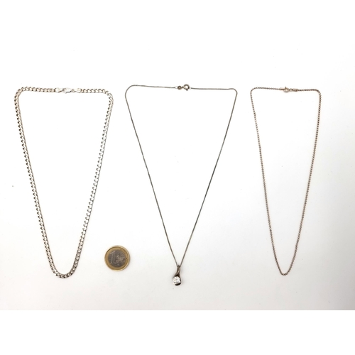 435 - A collection of three sterling silver necklaces, one set with gem stone pendant. 
Length of chains: ... 