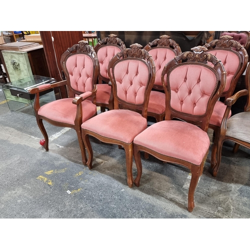 479 - A set of six elegant dining chairs, including two carver chairs. With light red upholstery, button b... 