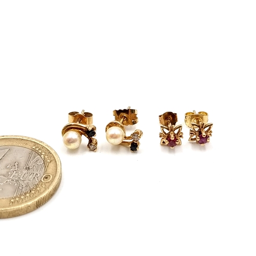 48 - Two pairs of 9 carat gold stud earrings, a ruby stone set pair along with a pearl sapphire and diamo... 