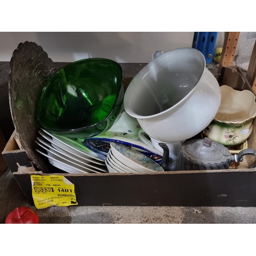 529 - A large box of homeware items including a ceramic chamber pot, plates, serving bowls, a metal teapot... 