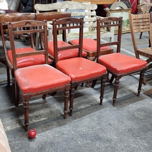 550 - A set of five Victorian chairs including three carved examples with subtle railed detail to backrest... 