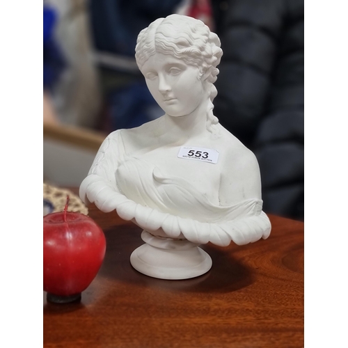 553 - A very elegant antique ceramic classical bust of a young woman. In very good condition. H27cm