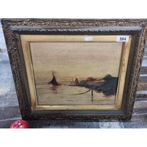 584 - An enchanting original antique Dutch school, oil on canvas painting depicting a tranquil maritime sc... 