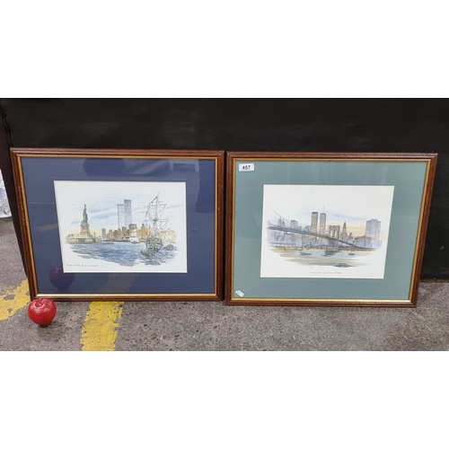 457 - Two beautiful prints of New York City landmarks including an example depicting the Brooklyn Bridge a... 