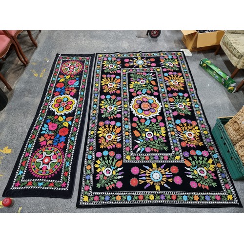 776 - Star lot : Two  gorgeous tapestry set crafted from black plush fabric and featuring intricate floral... 