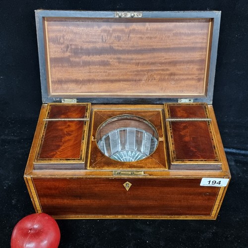 194 - Star lot : A beautiful Georgian tea caddy. Including two tin lined storage boxes and a crystal mixin... 